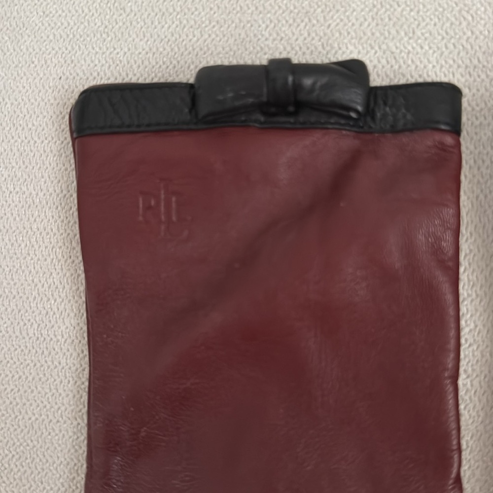 Ralph Lauren Burgundy Leather Gloves with Black Trim - Picture 2 of 9